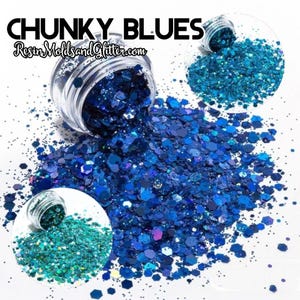 Chunky Blues Holographic Glitter Mix, Chunky Hex Glitter mix for nail art, resin tumblers, resin art, DIY jewelry making craft glitter