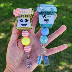 Custom badge reels, Nurse badge reels, Psychiatrist Badge Reel, Pharmacist Badge Reel, Pharmacy Tech badge reel, Happy Pills Badge Reel