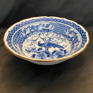 VTG Andrea by Sadek Made in Japan Blue and White Peacock Porcelain Bowl