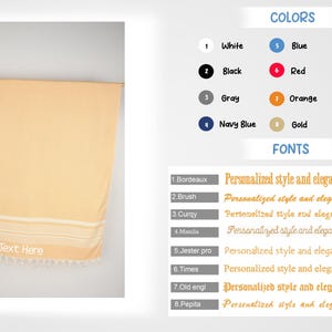 May include: A peach-colored towel with white stripes and fringe at the bottom. The text "Text Here" is visible. The image also displays color and font options for personalization.