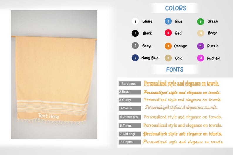 May include: A peach-colored towel with white stripes and fringe at the bottom. The text "Text Here" is visible. The image also displays color and font options for personalization.