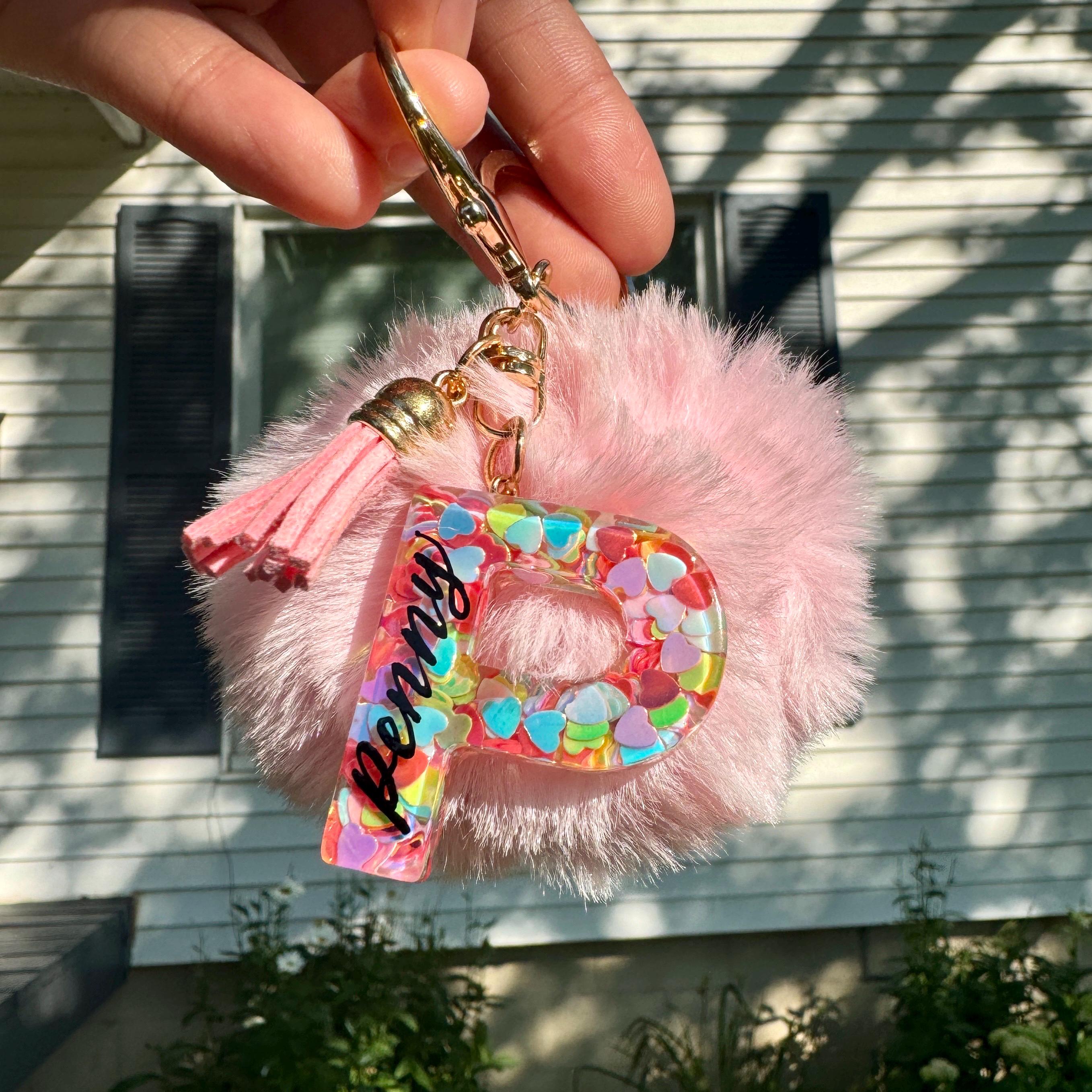 alphabet keychain initial keychain with pom pom