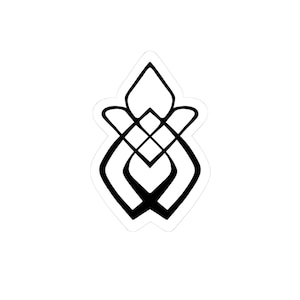 May include: Black and white abstract design with a geometric pattern. The design is symmetrical and has a stylized, modern look.