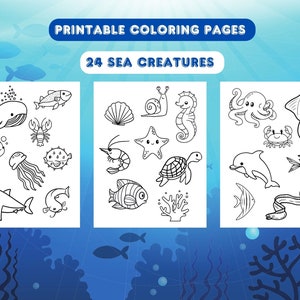 Printable Sea Creatures Coloring Pages - 24 Images, 3 Pages, Children's Coloring Sheets, Kid's Colouring, Instant Download, Under the Sea,