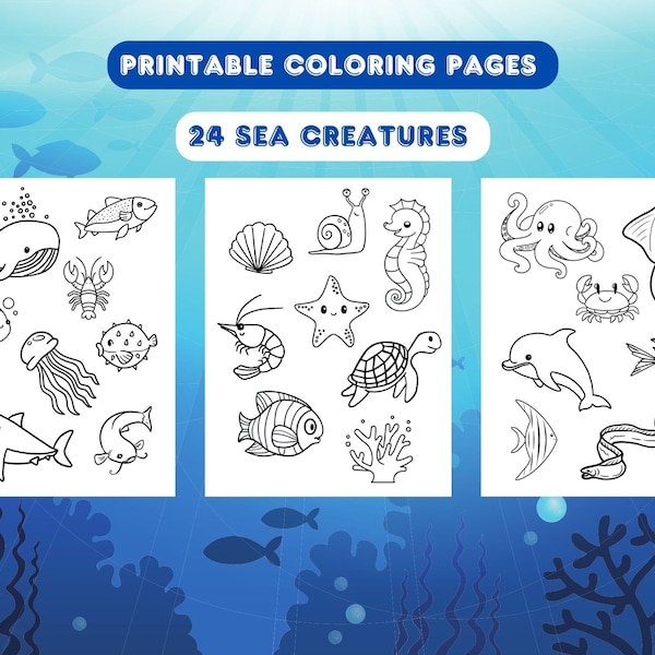 Printable Sea Creatures Coloring Pages - 24 Images, 3 Pages, Children's Coloring Book, Kid's Colouring, Instant Download, Under the Sea, PDF
