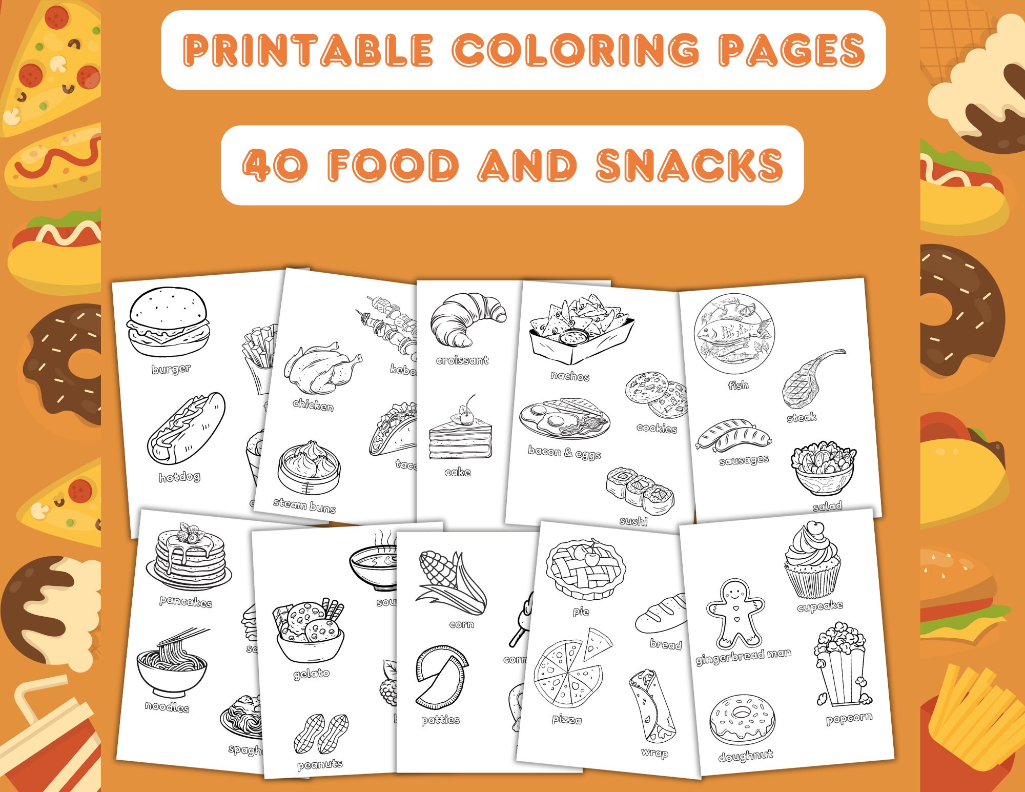 Printable Food and Snacks Coloring Pages 2 Files 40 Images per File