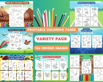 Printable Coloring Pages Variety Pack -126 Images, 32 Pages, Animals, Sea Creatures, Dinosaurs, Insects, Flowers, Vehicles, Fruits & Veggies