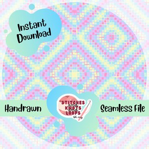 Op de afbeelding: Een digitaal ontwerp met een pastelkleurig geometrisch patroon in roze, blauw en geel. De woorden "Direct downloaden", "Handgetekend" en "Naadloos bestand" worden weergegeven. Er is ook een logo met de tekst "Stitches and Knots and Loops".