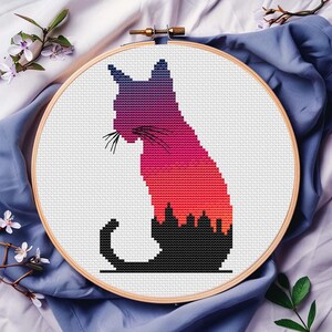 Cute Sunset Cat Cross Stitch Pattern PDF Digital Download Funny Cross Stitch Design Animal Cross Stitch Easy Cross Stitch Art Small Pattern