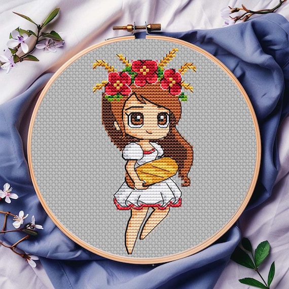 Funny Girl With Bread Cross Stitch Pattern PDF Digital Download