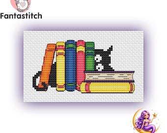Funny Black Cat Counted Cross Stitch Pattern PDF, Cute Book Lover Gift Design (Instant Download)