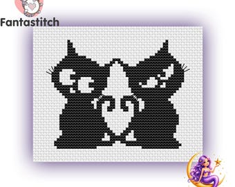 Black Cat Valentine Counted Cross Stitch Pattern PDF, Funny Kitten Silhouette Design (Instant Download)