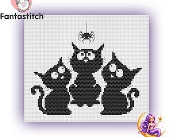 Funny Black Cats And Spider Counted Cross Stitch Pattern PDF,  Cute Halloween Kitten Design (Instant Download)