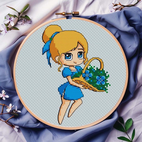 Girl With Flowers Cross Stitch Pattern - Instant PDF Download - Cute Girl - Young Woman With Flower Basket - Beautiful Blonde With Blue Eyes