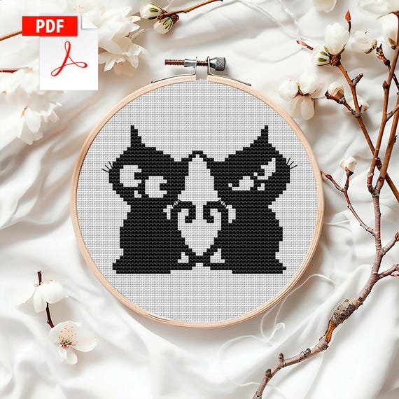 黒猫のバレンタインクロスステッチ図案、PDFの即時ダウンロード