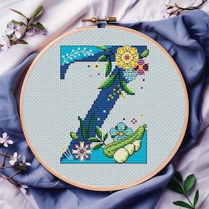 Letra floral Z, padrão de ponto cruz, PDF, download digital, ornamento, alfabeto, presente de aniversário personalizado, monograma de casamento, anúncio de bebê