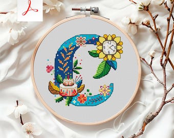 Floral Letter C Counted Cross Stitch Pattern PDF, Botanical Alphabet Monogram, Decorative Initial, Modern Personalized Gift for Birthday