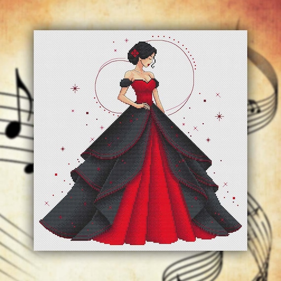 Elegant Lady in Red and Black Dress Counted Cross Stitch Pattern PDF,  Fantasy Woman Design, Modern Cross Stitch Art, Instant Download - Etsy