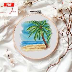 Wzór haftu krzyżykowego „Palm Tree Beach” w formacie PDF, cyfrowy wykres „Tropikalny ocean – lato”, wzór haftu krzyżykowego „Wakacje na wybrzeżu”, natychmiastowe pobranie