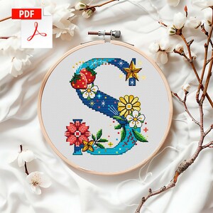 Floral Letter S Counted Cross Stitch Pattern PDF, Botanical Alphabet Monogram, Decorative Initial, Modern Personalized Gift for Birthday