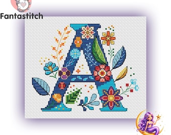 Floral Letter A Counted Cross Stitch Pattern PDF, Colorful Alphabet Monogram, Personalized Gift for Birthday, Wedding or Baby Announcement