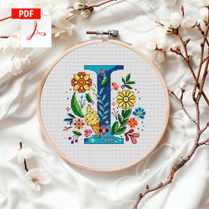 Letter I Counted Cross Stitch Pattern - Floral Alphabet PDF Design