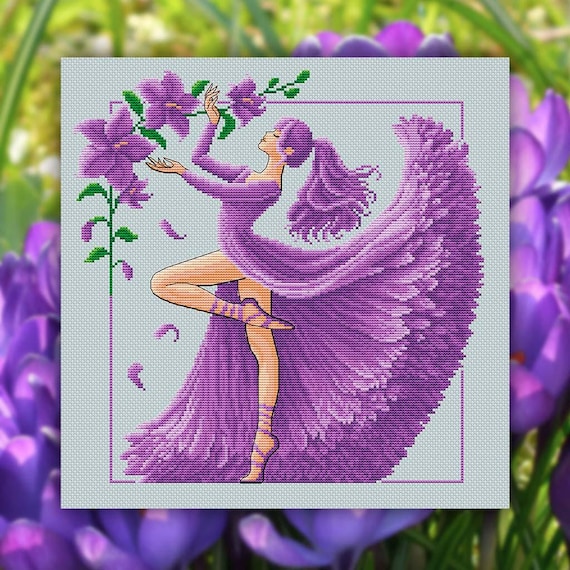 cross stitch purple dress Cross Stitch Kit - Woman in Purple Dress - Lady Cross Stitch Pattern - DIY Embroidery Kit - Needlepoint Kit - 14 Count, DMC Color