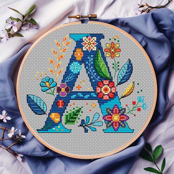 Alphabet Cross Stitch Pattern - Instant PDF Download - Letter A Monogram - Floral Design - Letters With Beautiful Flowers - Blue Letter A