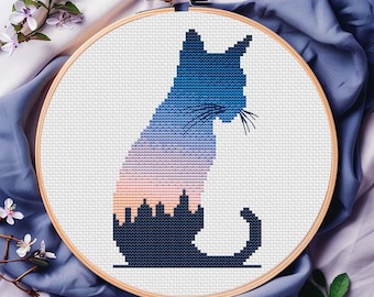 Cute Sunset Cat Cross Stitch Pattern PDF Digital Download Funny