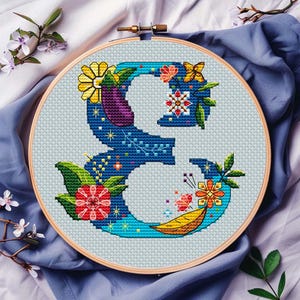 Letra floral E, padrão de ponto cruz em PDF, download digital, ornamento, alfabeto, presente de aniversário personalizado, monograma de casamento, anúncio de bebê