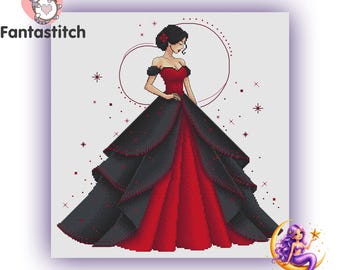 Elegant Lady in Red Black Dress Counted Cross Stitch Pattern PDF, Fantasy Woman Design (Instant Download)