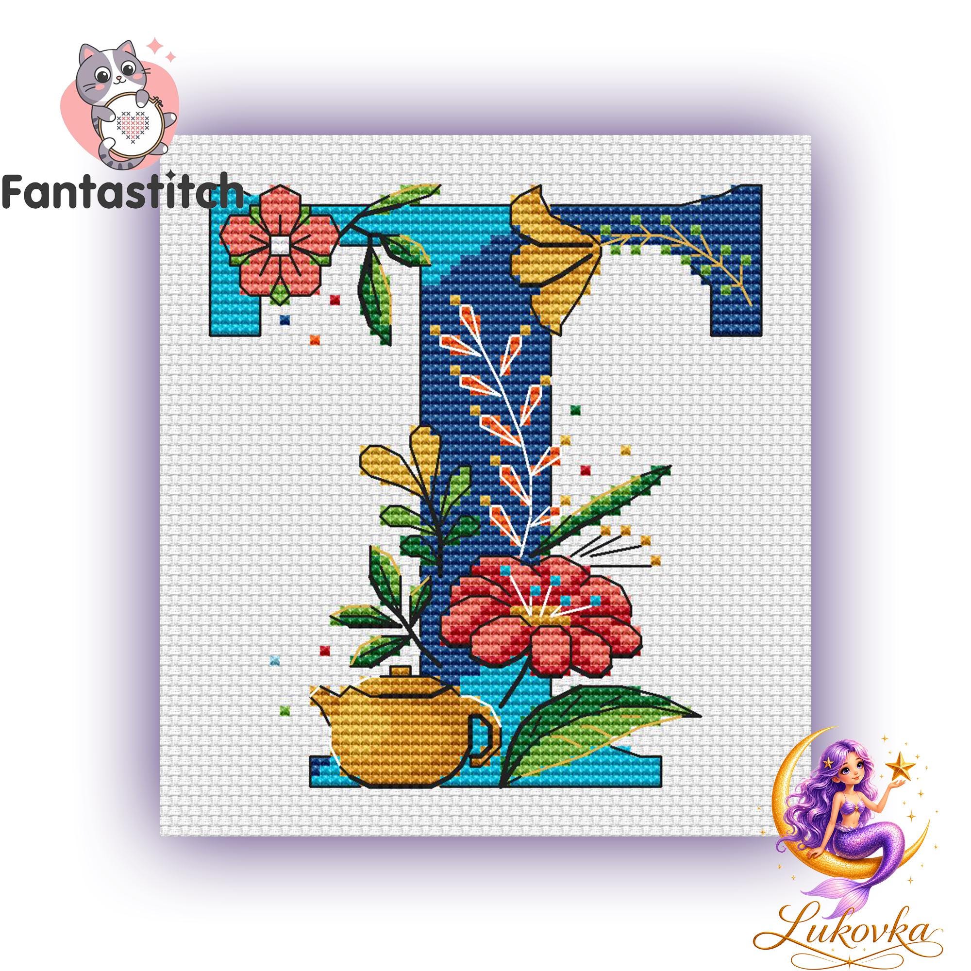 Floral Letter T Counted Cross Stitch Pattern: Hand-drawn Alphabet