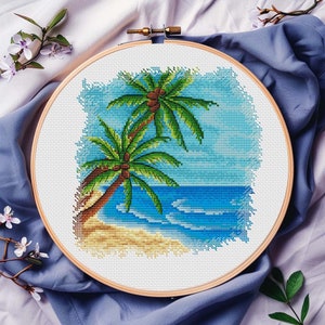 Beach Landscape Cross Stitch Pattern PDF Digital Download Tropical Palm Tree Cross Stitch Design Easy Cross Stitch Art Small Cross Stitch