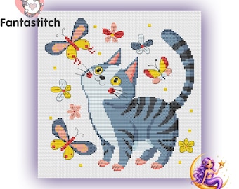 Patrón de punto de cruz contado de gato divertido en PDF, diseño de gatito adorable con mariposas, regalo para amantes de los gatos (descarga instantánea)