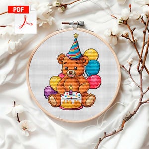 Birthday Bear Counted Cross Stitch Pattern PDF, Digital Download, Easy Animal Cross Stitch Art, Personalized Greetings Card Design