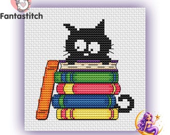 Niedliche Katze mit Büchern – Zählmuster für Kreuzstich (PDF), Geschenk für Katzenliebhaber (Sofort-Download)