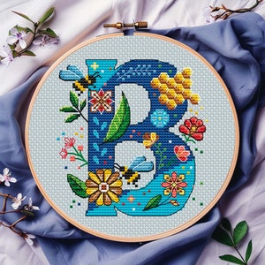 Letra floral B, padrão de ponto cruz, PDF, download digital, ornamento, alfabeto, presente de aniversário personalizado, monograma de casamento, anúncio de bebê