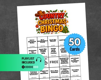 Country Christmas Music Bingo | Christmas Party Game for Families and Friends | Country Xmas Songs | 50 Cards + Spotify Playlist