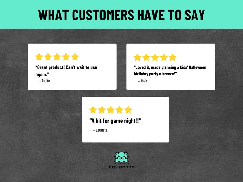 May include: Image with the text "WHAT CUSTOMERS HAVE TO SAY" at the top. Three white rectangular boxes with customer reviews and star ratings are below. The ottermade logo is at the bottom.