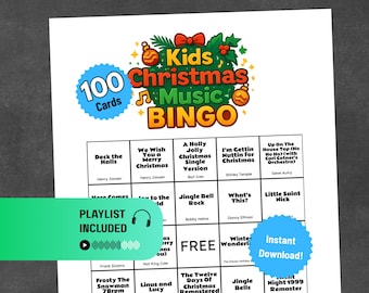 Kids Christmas Music Bingo | Christmas Song Bingo For Families | Xmas Holiday Songs Game | 100 Cards + Call List & Spotify Playlist