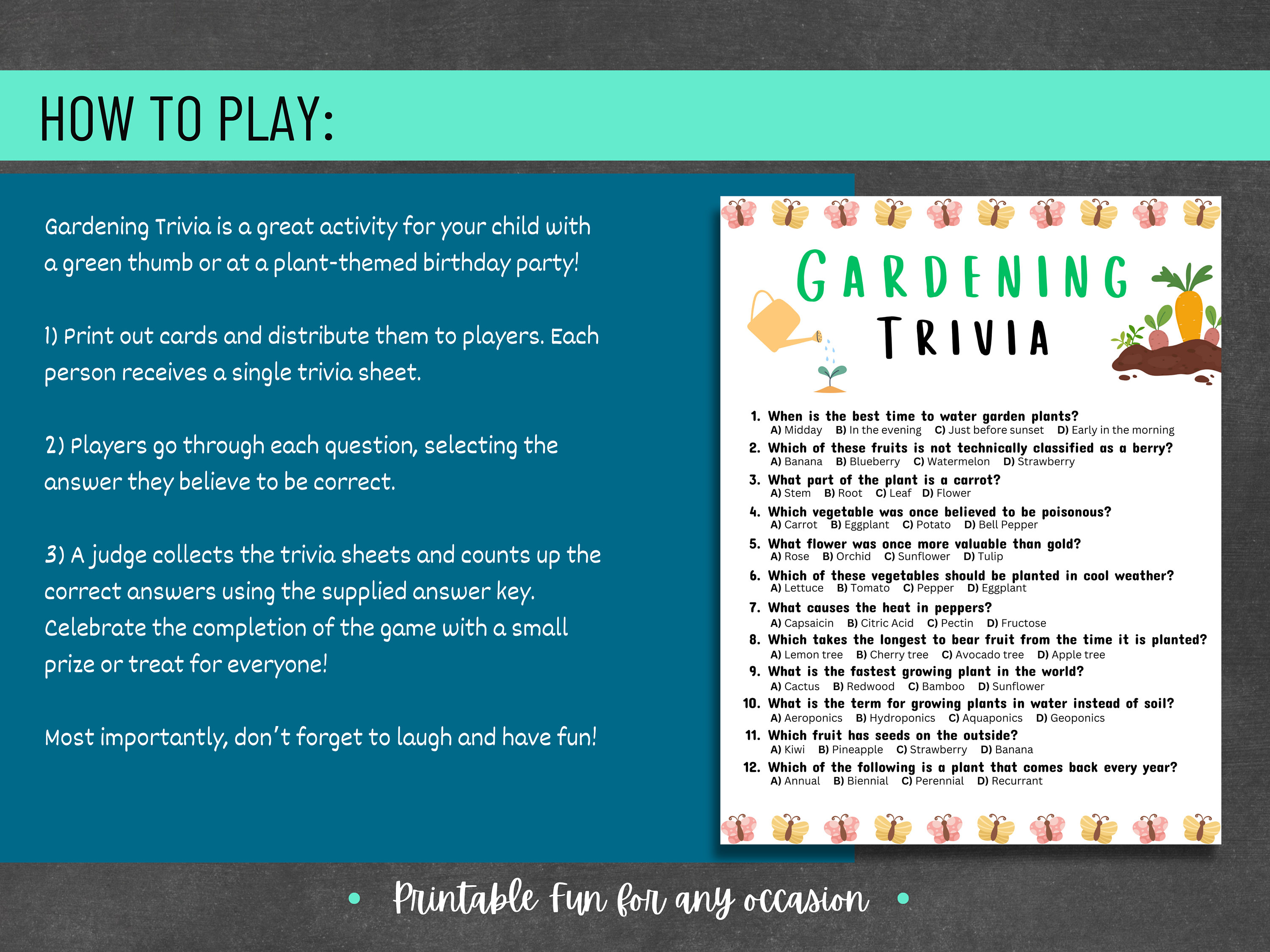Gardening Trivia Game Printable Fun Garden-themed Quiz Perfect for