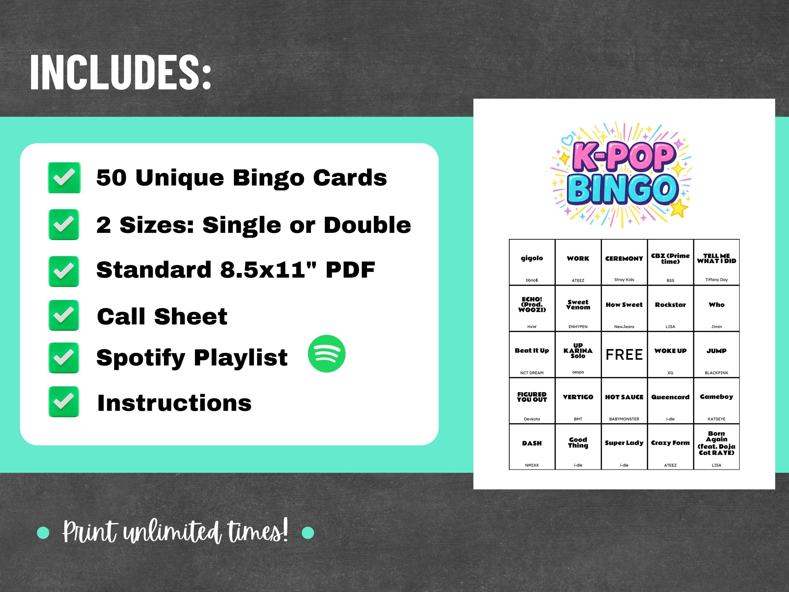 K-pop Music Bingo Printable | Kpop Party Fun | 50 Cards + Call List ...
