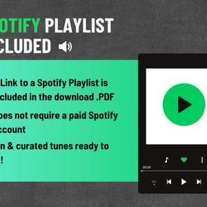 May include: Image features a Spotify playlist graphic with the text "SPOTIFY PLAYLIST INCLUDED." A green play button is displayed on a black phone screen. The text also states that a link to the playlist is included in the download and does not require a paid Spotify account.