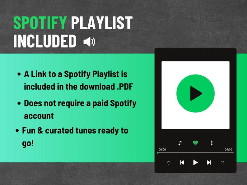 May include: Image features a Spotify playlist graphic with the text "SPOTIFY PLAYLIST INCLUDED." A green play button is displayed on a black phone screen. The text also states that a link to the playlist is included in the download and does not require a paid Spotify account.