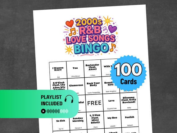 2000's R&B Love Songs Bingo | Printable Music Bingo Game | RnB Lovers Game | 100 Cards + Spotify Playlist |