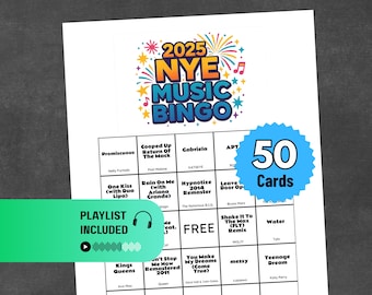 2025 NYE Music Bingo | 50 Cards + Call List & Spotify Playlist | Printable New Year’s Eve Fun | Party Game | Instant Download