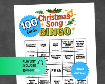 Christmas Song Music Bingo Printable | Holiday Party Game | 100 Cards + Call List & Spotify Playlist | Office, Family Fun | Instant Download
