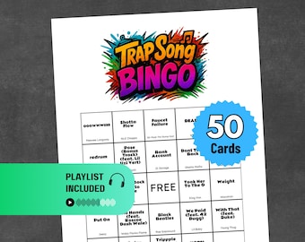 Trap Song Music Bingo Printable | 50 Cards + Call List & Spotify Playlist | Hip Hop Party Game | Fun Game Night | Instant Download