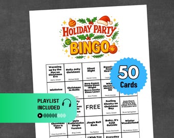 Holiday Party Bingo | Music Bingo for Christmas Office Party Game for Teams | Popular Christmas Songs | 50 Cards + Spotify Playlist