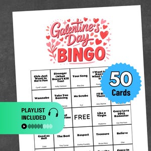 Galentinsdag-spel | Musikbingo utskrivbart partyspel för tjejkompisar och tjejkvällar | 50 kort + Spotify-spellista